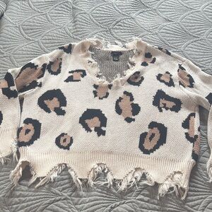 Rue21 Beige Leopard Print Distressed Crewneck Sweater